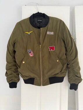 Better Be Olive Military Patch Bomber Jacket with Black Trim